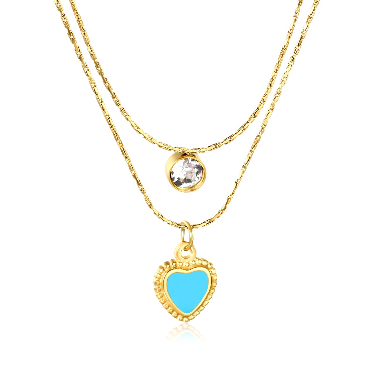 5mm cylindrical white diamond + 8.5x11.1mm blue teardrop heart 0.9 hammered square chain 50+40+5cm + 6mm round tag double chain necklace, gold asonjewelry